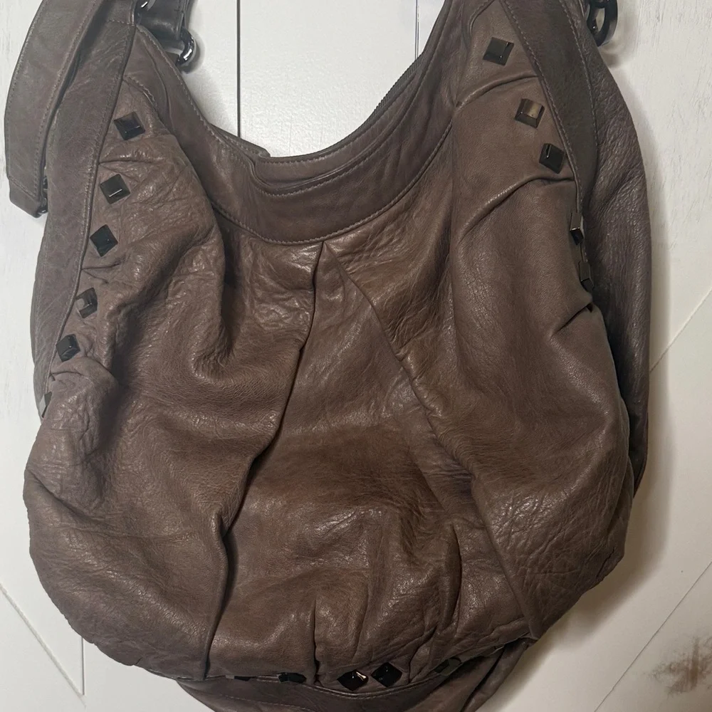 Treesje Dark Greige Leather Hobo Bag Stud Accents